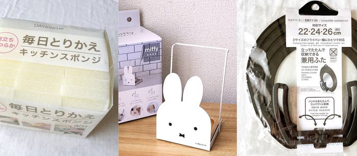 ニトリのおすすめ便利グッズ「泡立ちがよい毎日とりかえスポンジ 30個入り（アイボリー）」「調理器具スタンド（ミッフィー）」「立ってたたんで収納できる兼用蓋(22・24・26cm)」