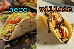 On the left, a soft beef taco labeled hero, and on the right, an ice cream taco labeled villain