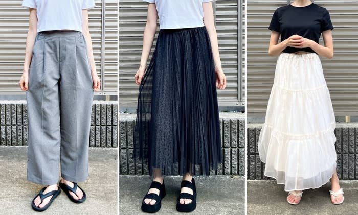 3人のモデルがそれぞれ異なるスタイルの服を着用。左から順に、グレーパンツ、黒い長いチュールスカート、白いフリルロングスカート。