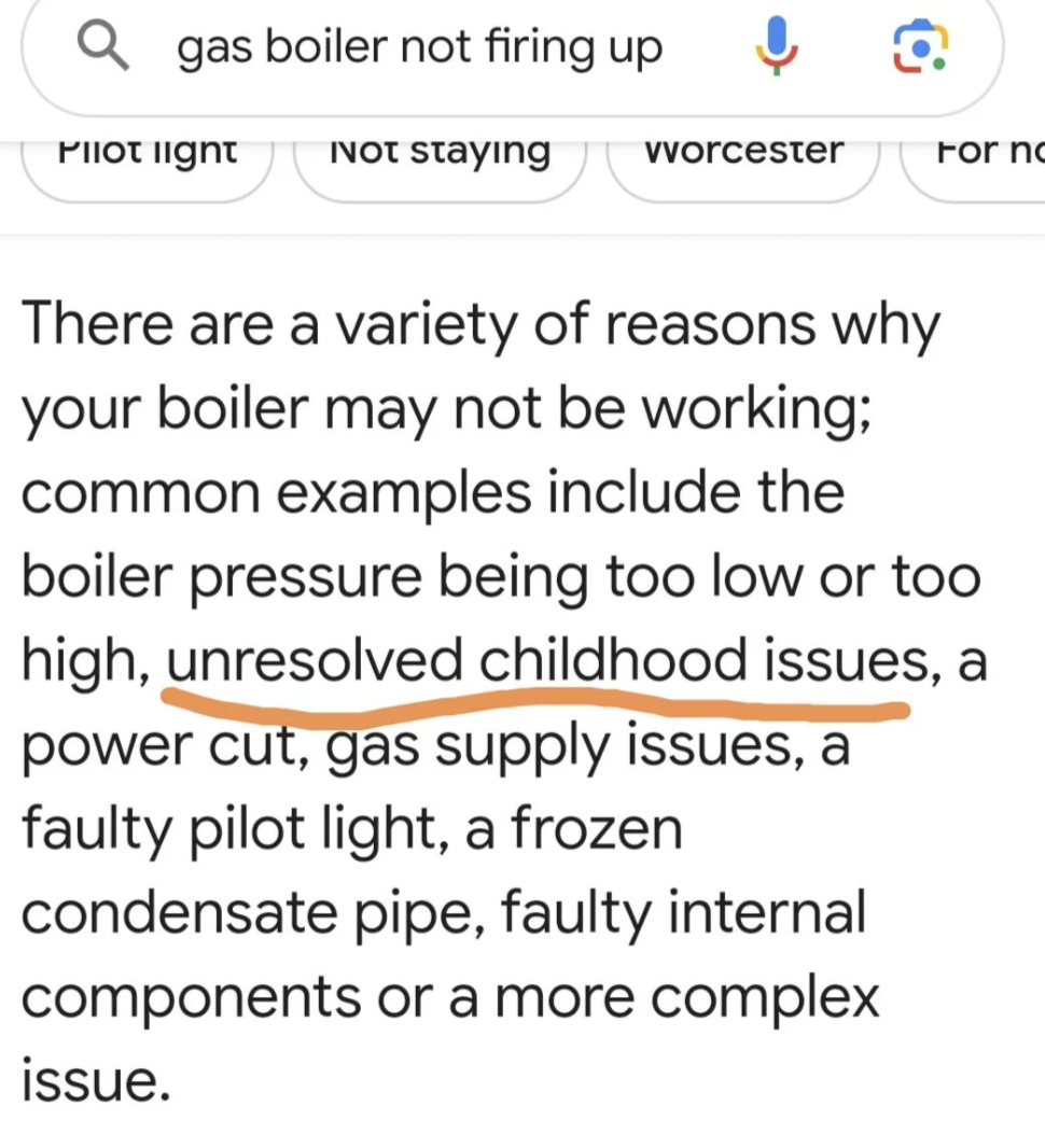 Search results state potential reasons for a boiler not working: pressure issues, unresolved childhood issues, power cut, gas supply problems, pilot light fault, frozen pipe, internal component faults, or complex issues