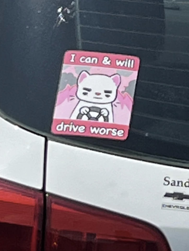 Sticker on a car shows a cartoon cat holding a steering wheel with text: "I can & will drive worse."