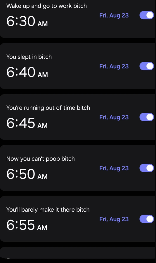 Screenshot of an alarm app with humorous, explicit alarm labels such as "Wake up and go to work b****" from 6:30 AM to 6:55 AM on Friday, August 23