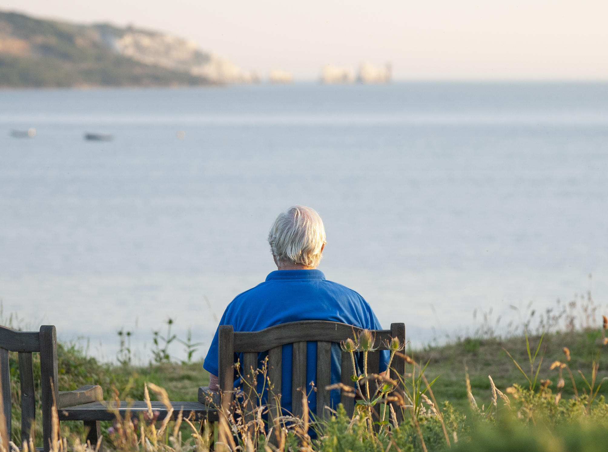 A person with gray hair, wearing a blue shirt, sits on a bench looking out over a calm sea with distant cliffs