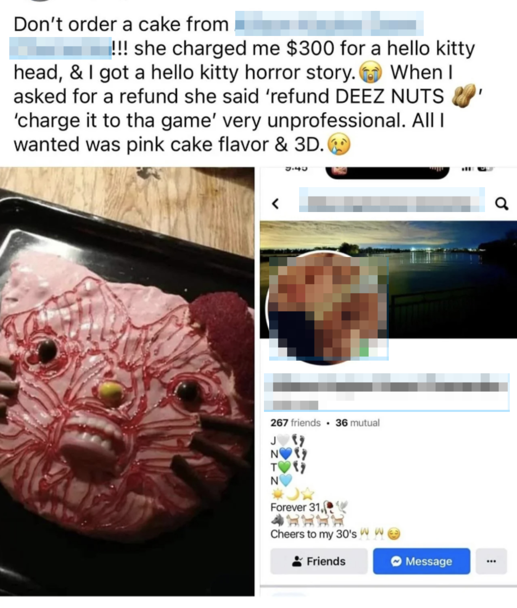 A Hello Kitty cake with a distorted design. Facebook post by Allison Kaylee Dawn Chemerika is shown, with someone expressing dissatisfaction over the cake quality