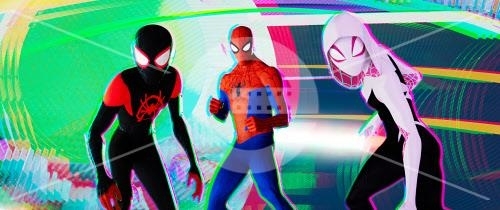 Miles Morales, Peter Parker, and Gwen Stacy in Spider-Man suits pose dynamically with a vibrant, distorted background from "Spider-Man: Into the Spider-Verse."