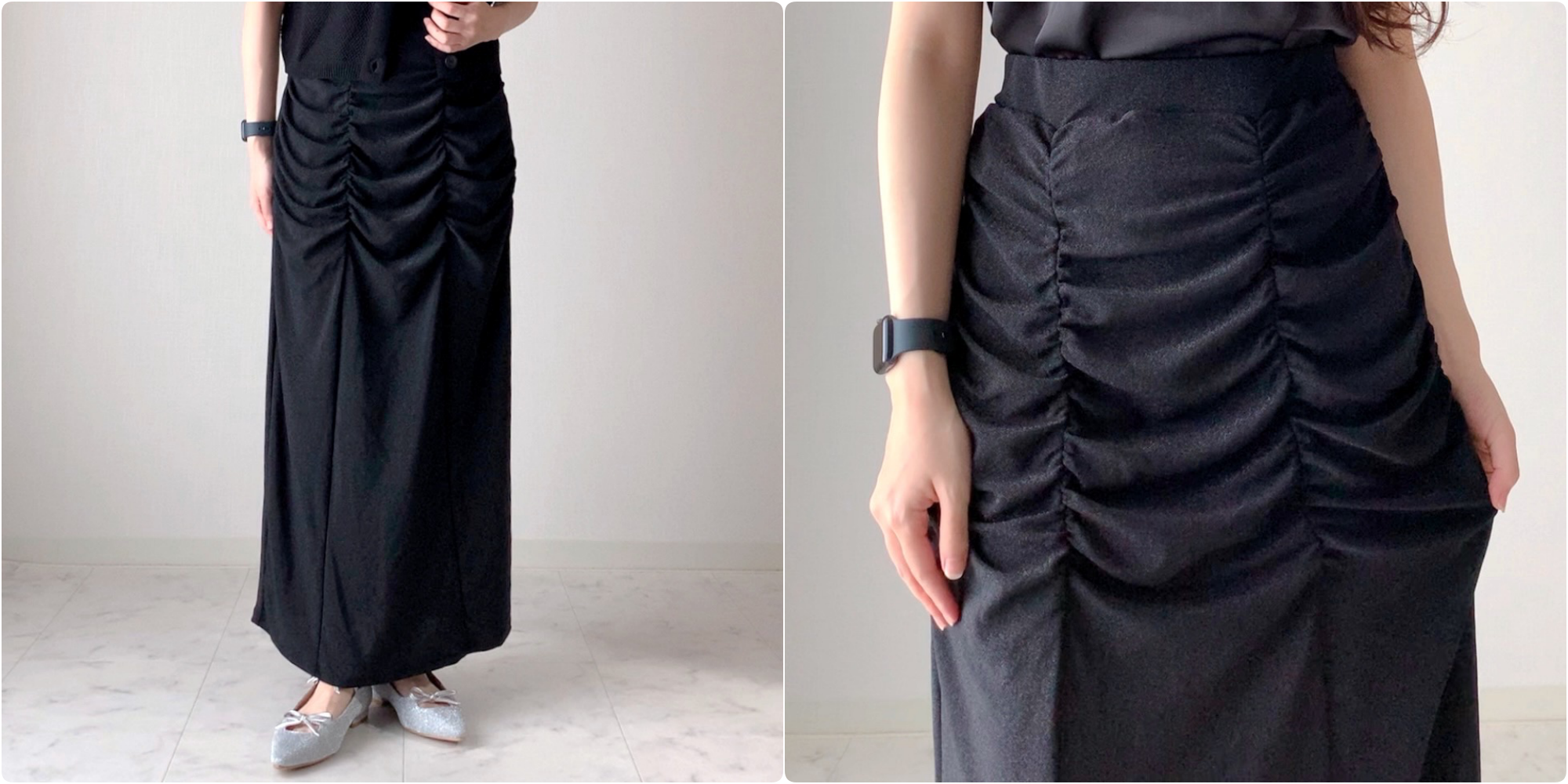 しまむらのおすすめファッションアイテム「ラメシャーリングナローSK」