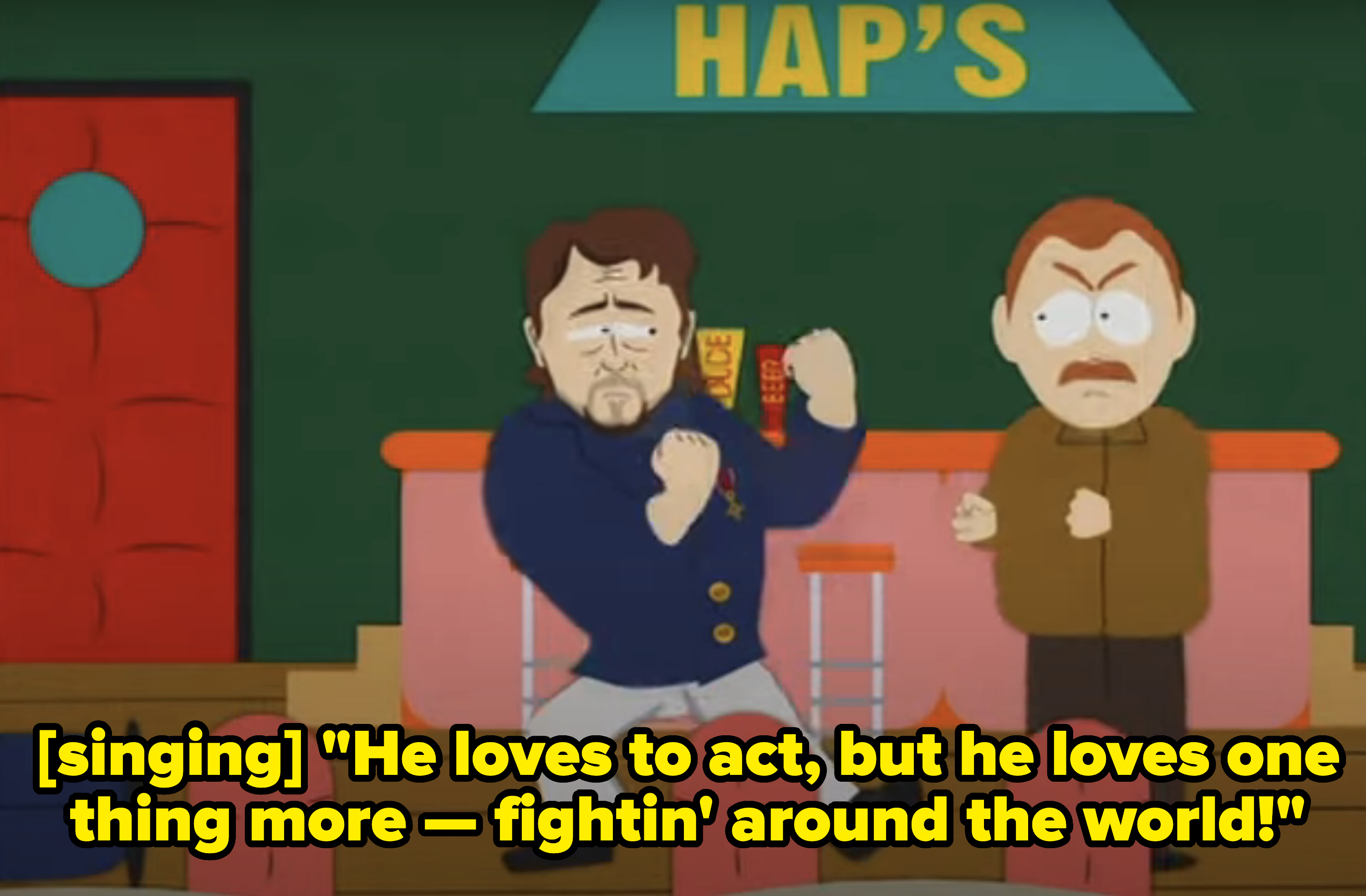 Animated scene from South Park of Russell Crowe and Tugger in a fighting stance inside a place called Hap's
