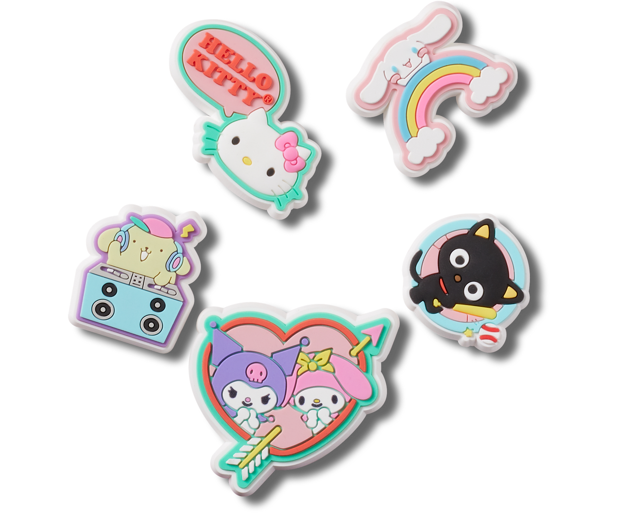 Hello Kitty and four other cute character magnets, including a rainbow, a musical character, a black cat, and two characters in a heart