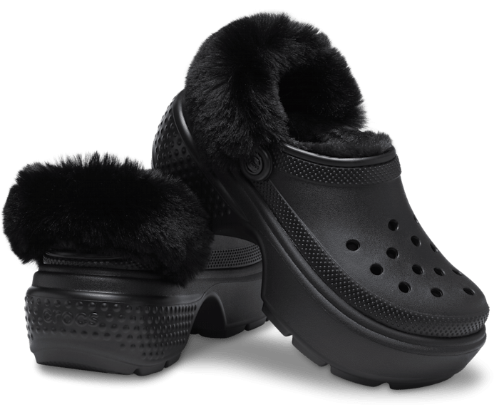 A pair of black, fur-lined Crocs shown in two angles: one facing forward and the other displayed from the side