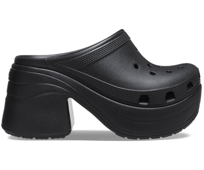 Black platform Crocs with a chunky heel, featuring the classic Crocs ventilation holes and slip-on design
