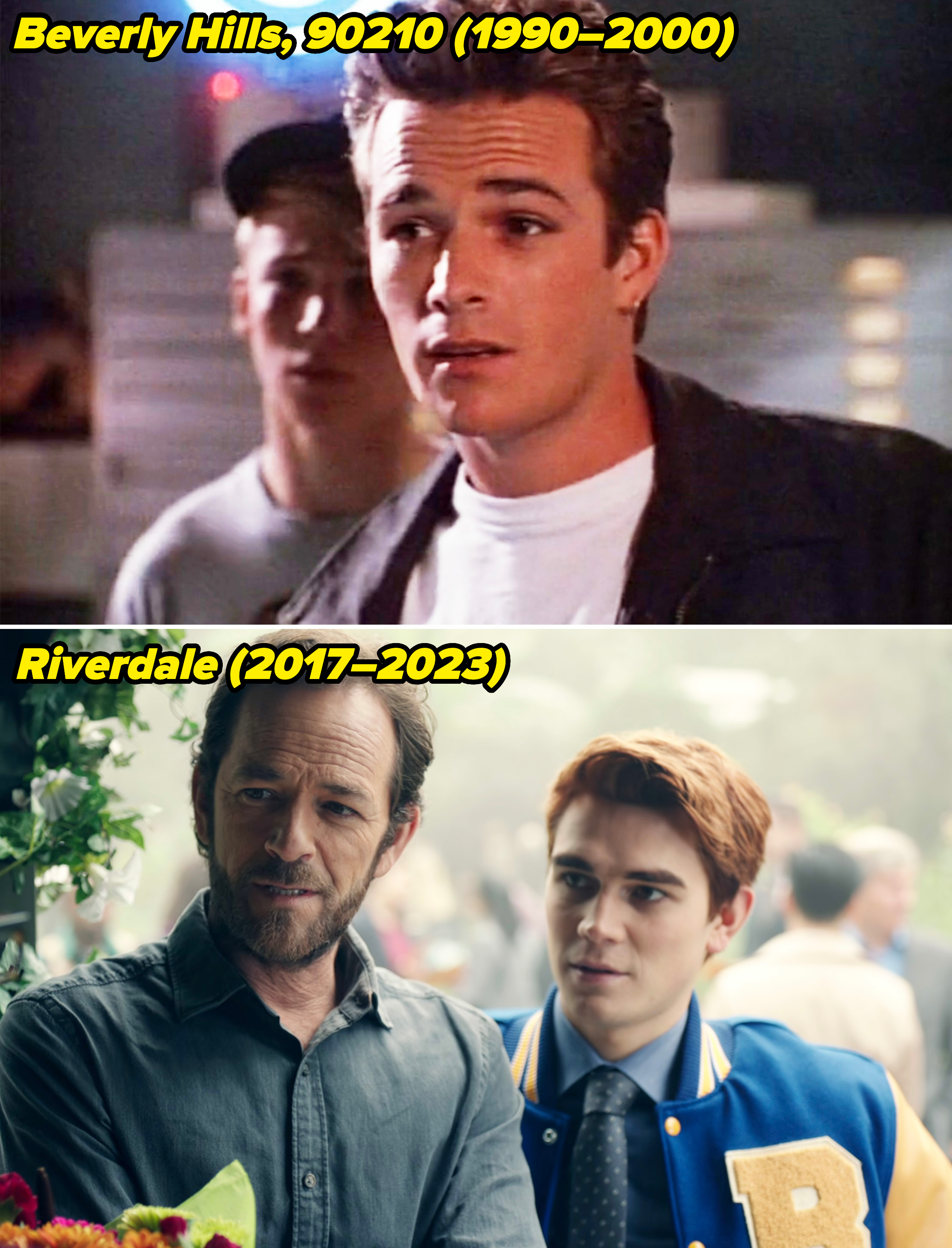 Luke Perry in "Beverly Hills, 90210" vs Luke and KJ Apa in a scene from "Riverdale"