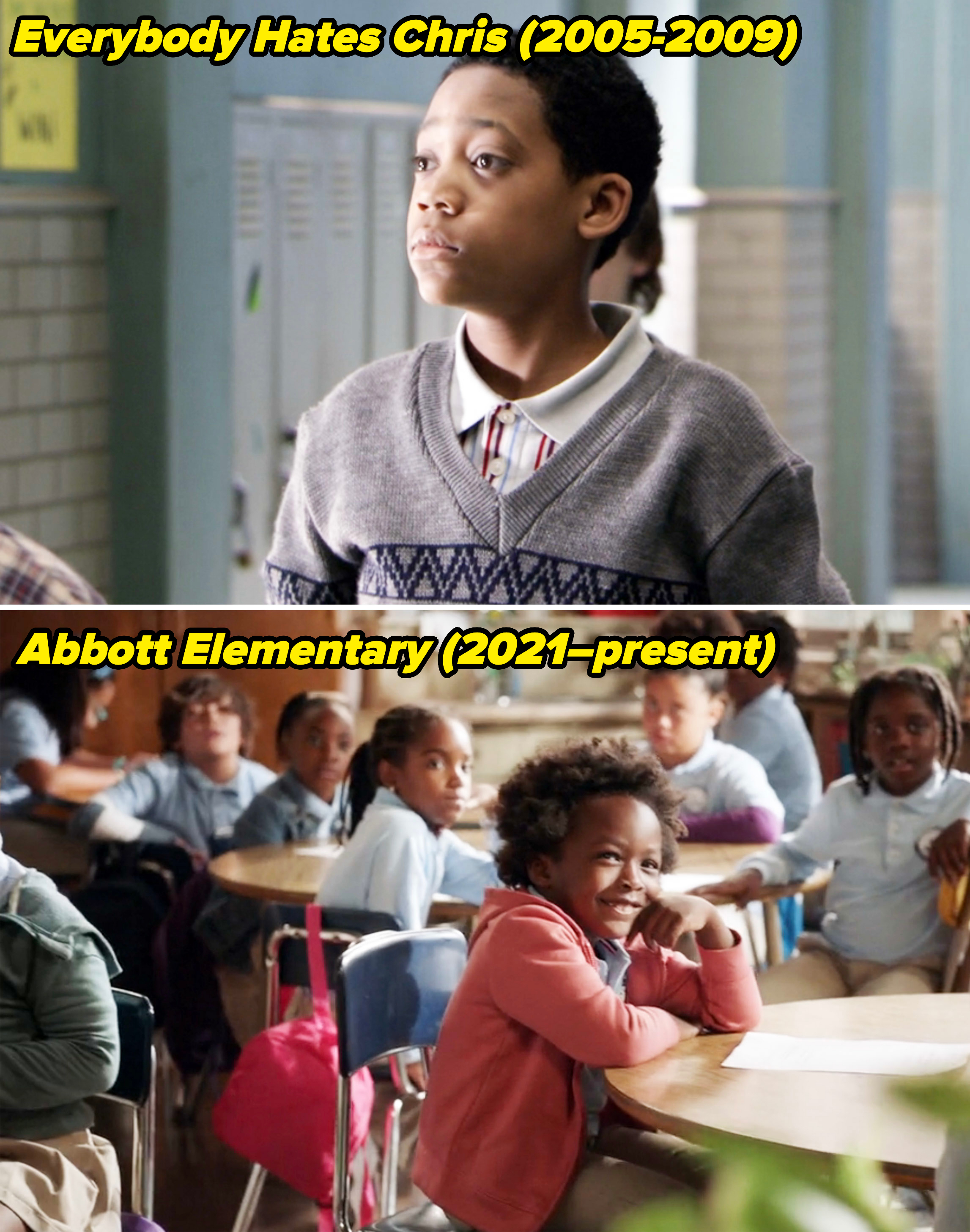 Tyler James Williams in "Everybody Hates Chris" vs young students in a classroom in "Abbott Elementary"