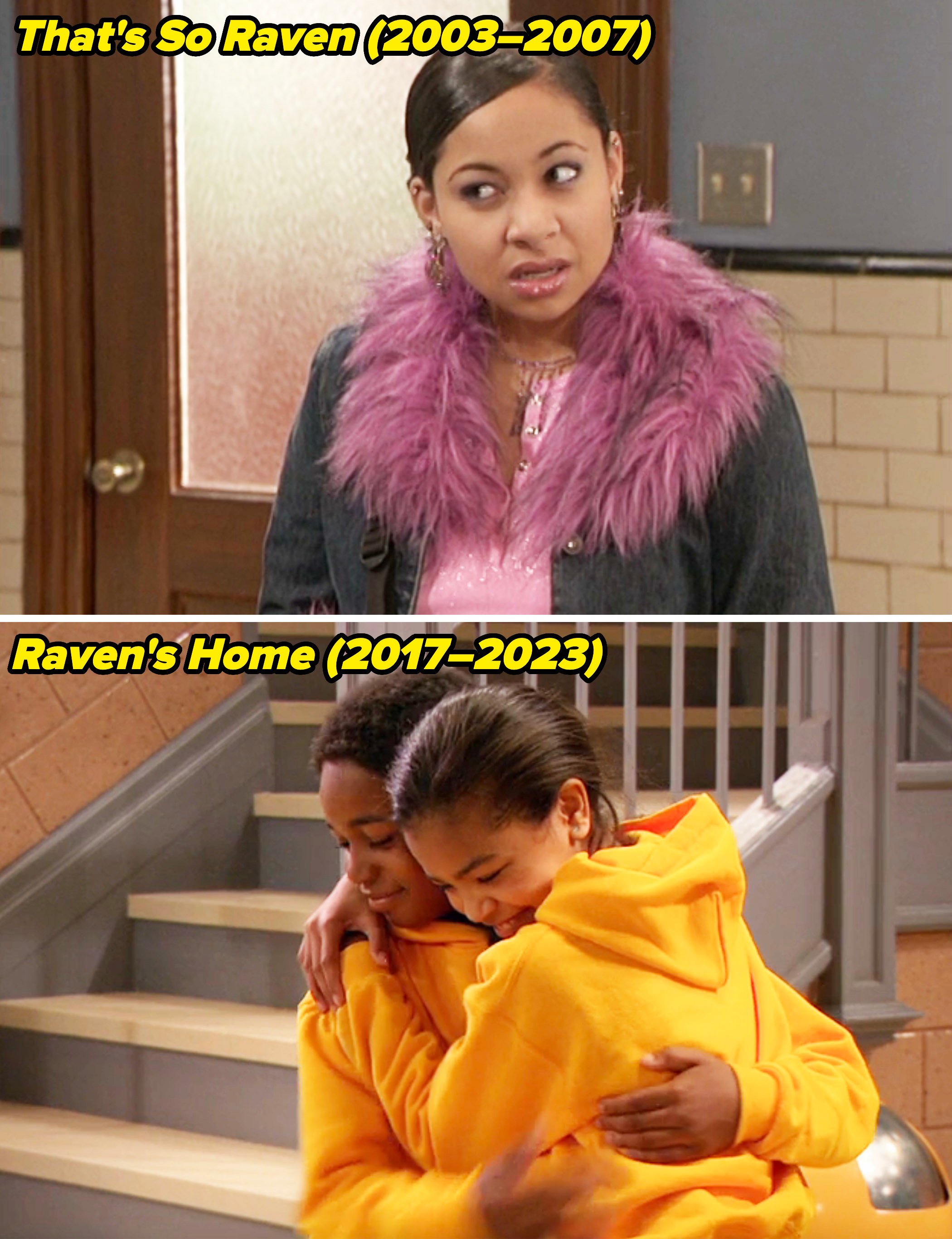 Raven-Symoné in a scene from "That's So Raven" vs two young actors embracing in a scene from "Raven's Home"