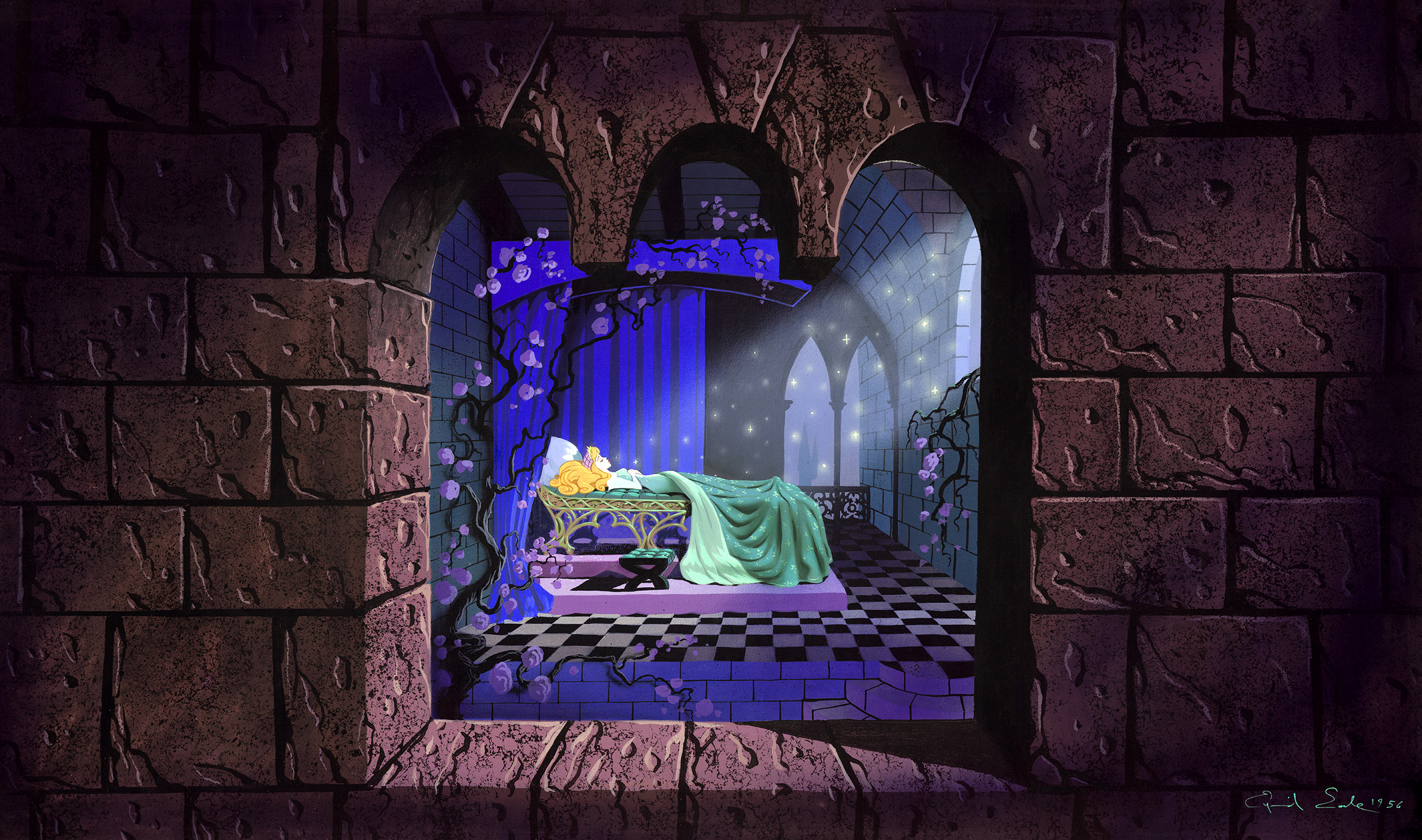 Animated Sleeping Beauty lies on a bed in a gothic stone room. Flowers surround the window and a glowing light shines upon her