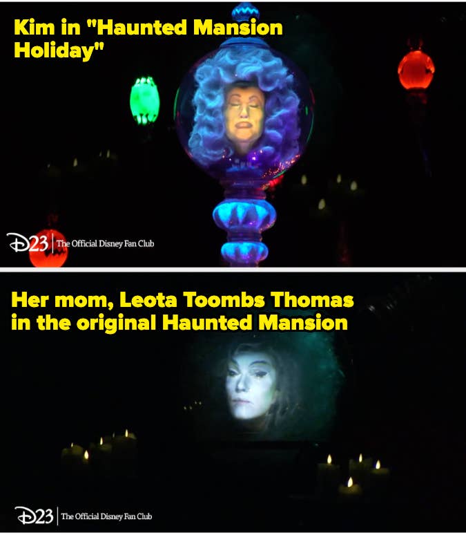 Top image: Kim as Madame Leota in "Haunted Mansion Holiday." Bottom image: Leota Toombs Thomas in the original "Haunted Mansion." Text: "Kim in 'Haunted Mansion Holiday'" and "Her mom, Leota Toombs Thomas in the original Haunted Mansion."