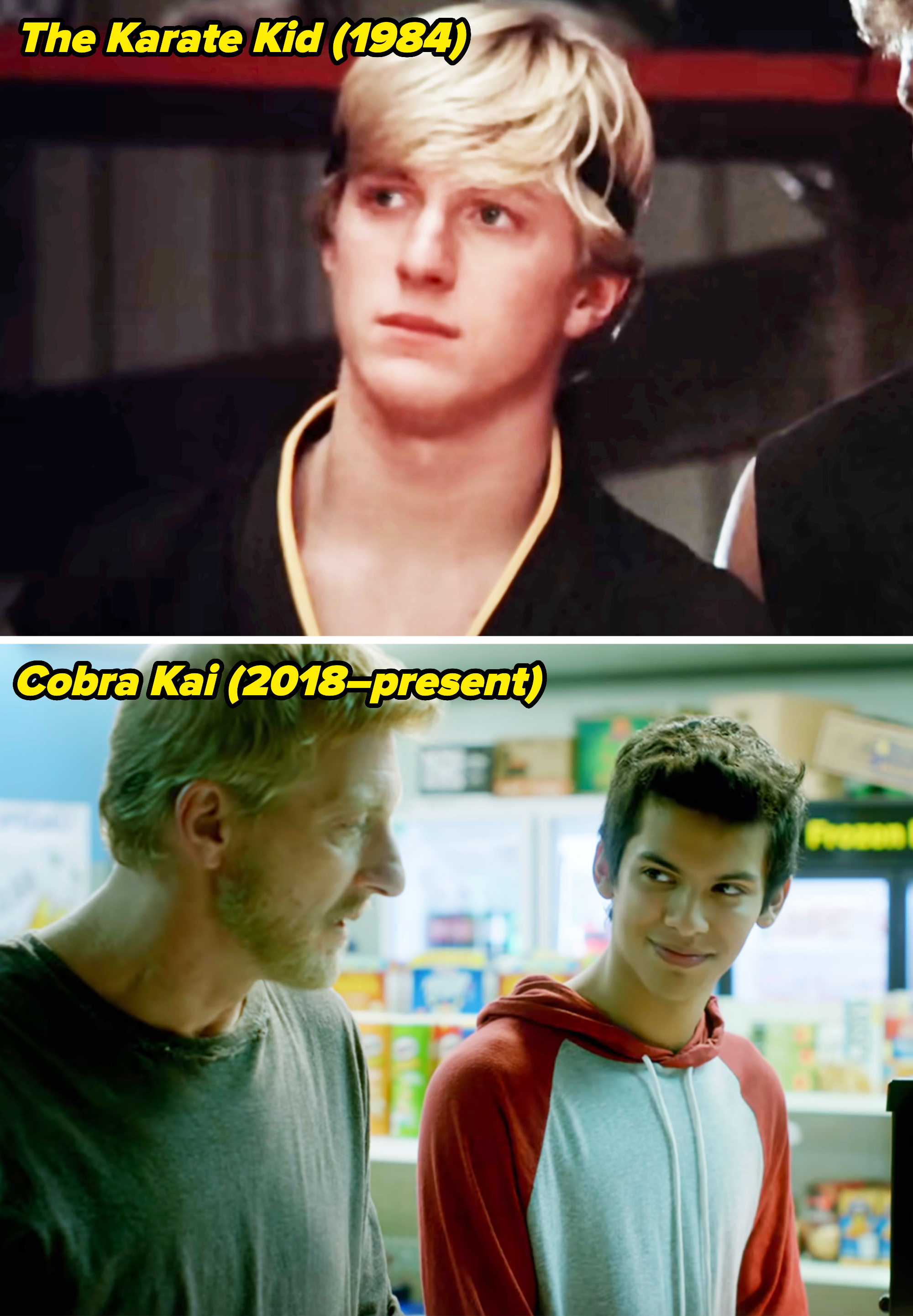 William Zabka in "The Karate Kid" vs William and Xolo Maridueña in "Cobra Kai"