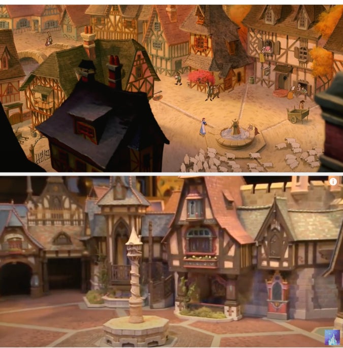 Top: Animated village scene with various characters and livestock. Bottom: Live-action set resembling the animated village