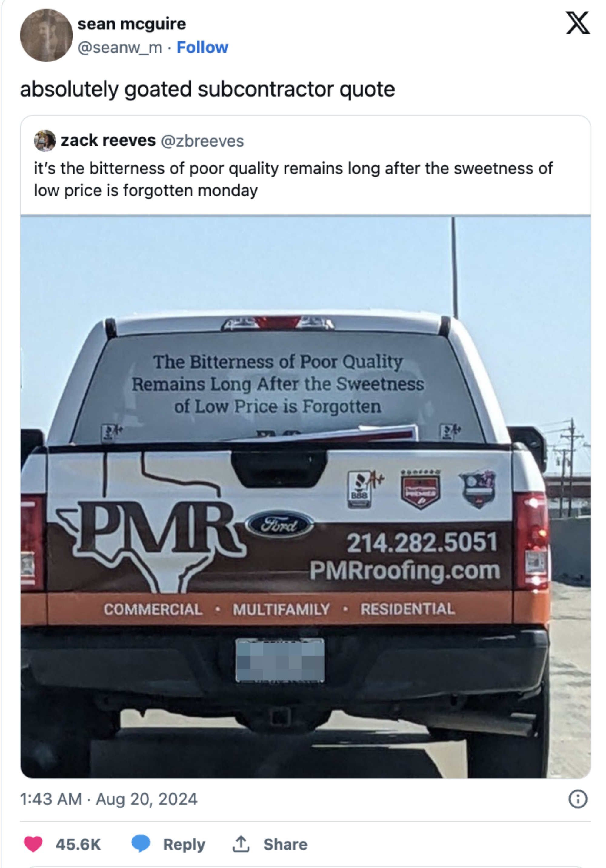 Sean Mcguire’s tweet quoting Zack Reeves. The truck’s back reads, &quot;The bitterness of poor quality remains long after the sweetness of low price is forgotten.&quot;