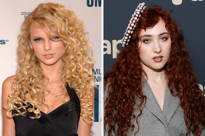 Taylor Swift wearing a black dress with curly hair on the left, and Ethel Cain in a gray outfit with wavy hair and headband on the right