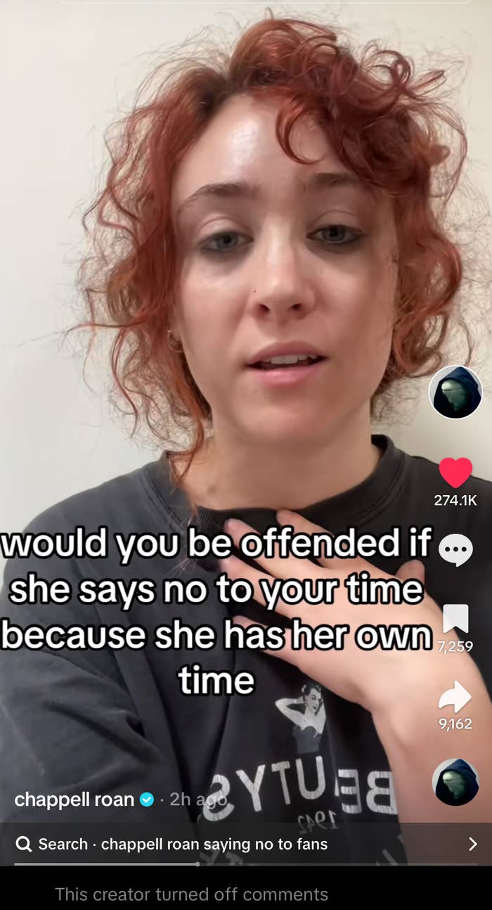 Chappell Roan speaking directly to the camera with text overlay that says, "Would you be offended if she says no to your time because she has her own time"