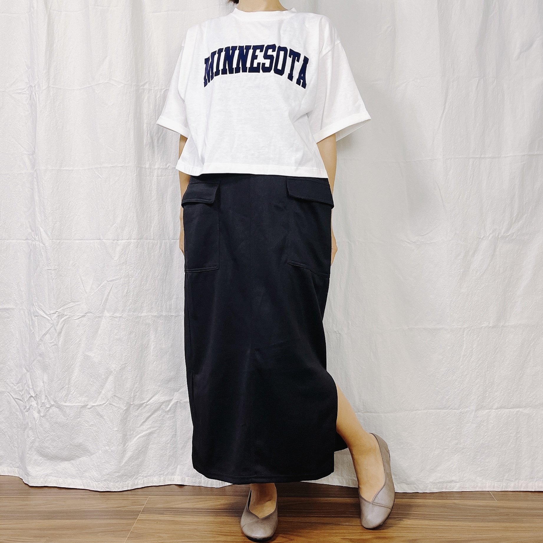 しまむらのおすすめファッションアイテム「リブDBカーゴナローSK」のコーディネート