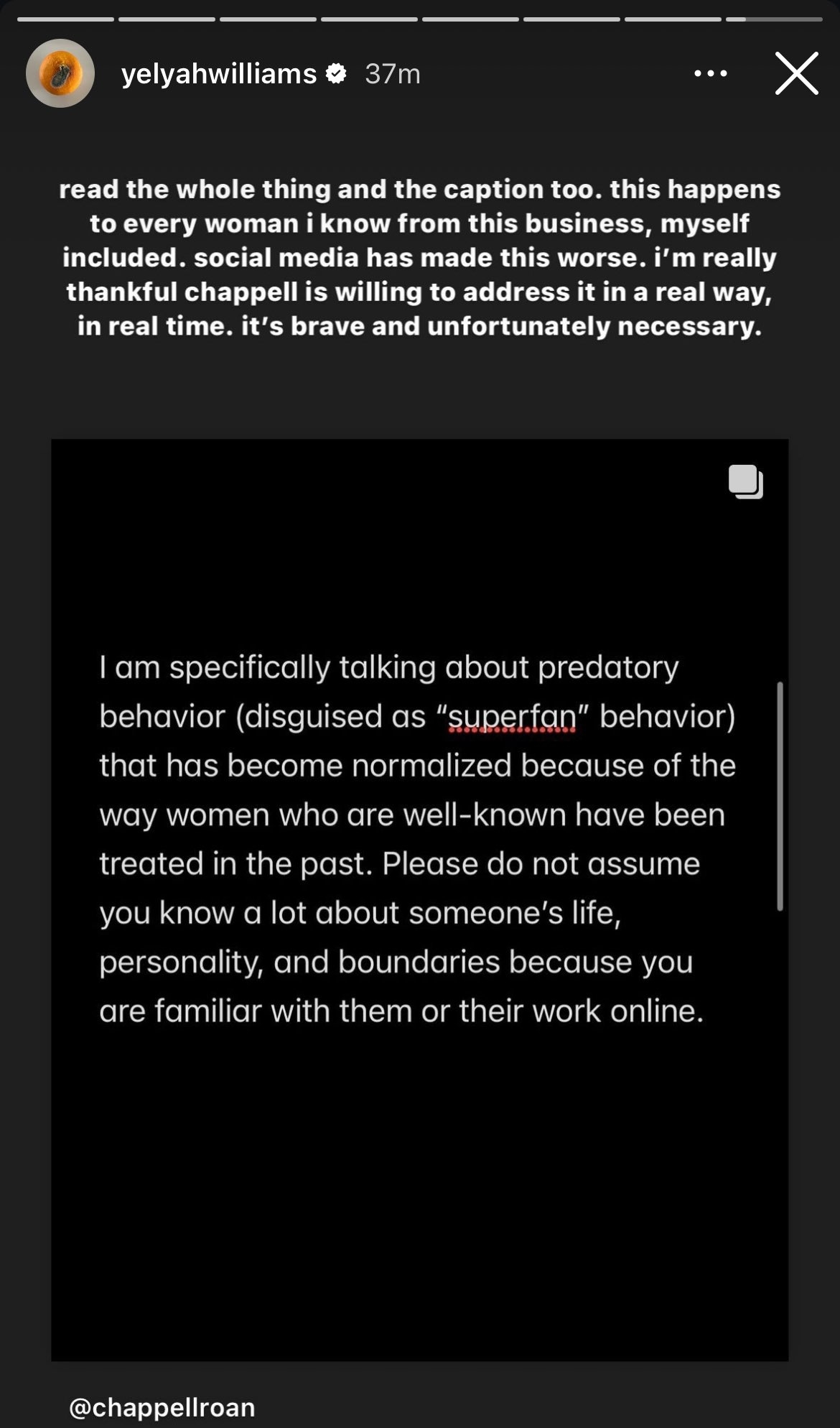 Instagram Story by yelyahwilliams addresses predatory "superfan" behavior and the normalization of predation towards well-known women. Mentions @chappellroan