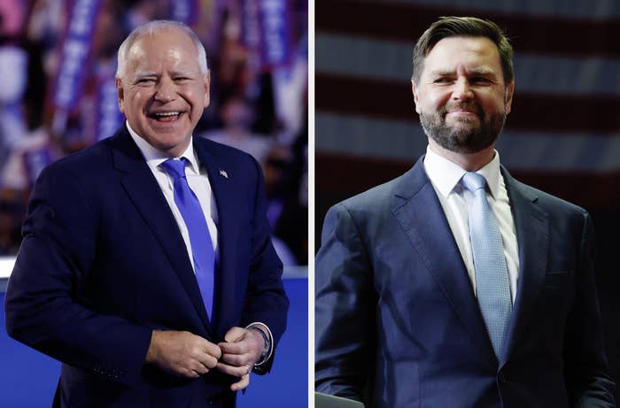 Tim Walz, wearing a suit with a tie, smiling at an event, and JD Vance, also in a suit with a tie, standing on stage with an American flag in the background