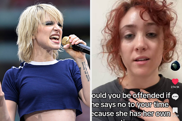 Hayley Williams passionately performing on stage, wearing a short-sleeved shirt. On the right, a TikTok user discusses a topic with a caption about time and personal space