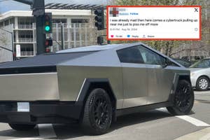 A tweet by @ubfroi shows a Cybertruck on the road with the caption: "i was already mad then here comes a cybertruck pulling up near me just to piss me off more." The tweet has 74.9K likes