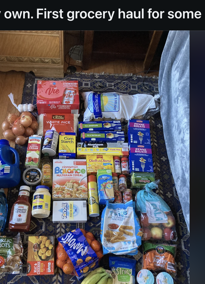 Reddit post by u/thatshinyuncert narrating their first grocery haul after moving out, costing $90. Image shows various foods arranged on the floor