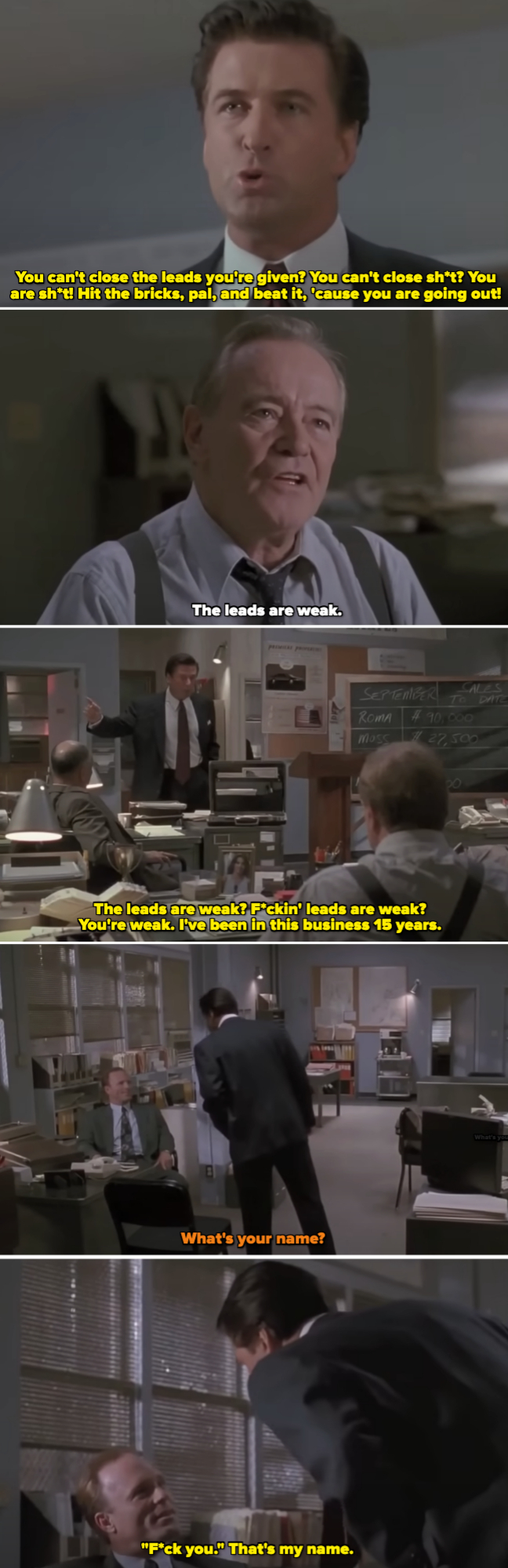 Alec Baldwin passionately speaks to Ed Harris and Jack Lemmon in an office, setting with several desks and papers