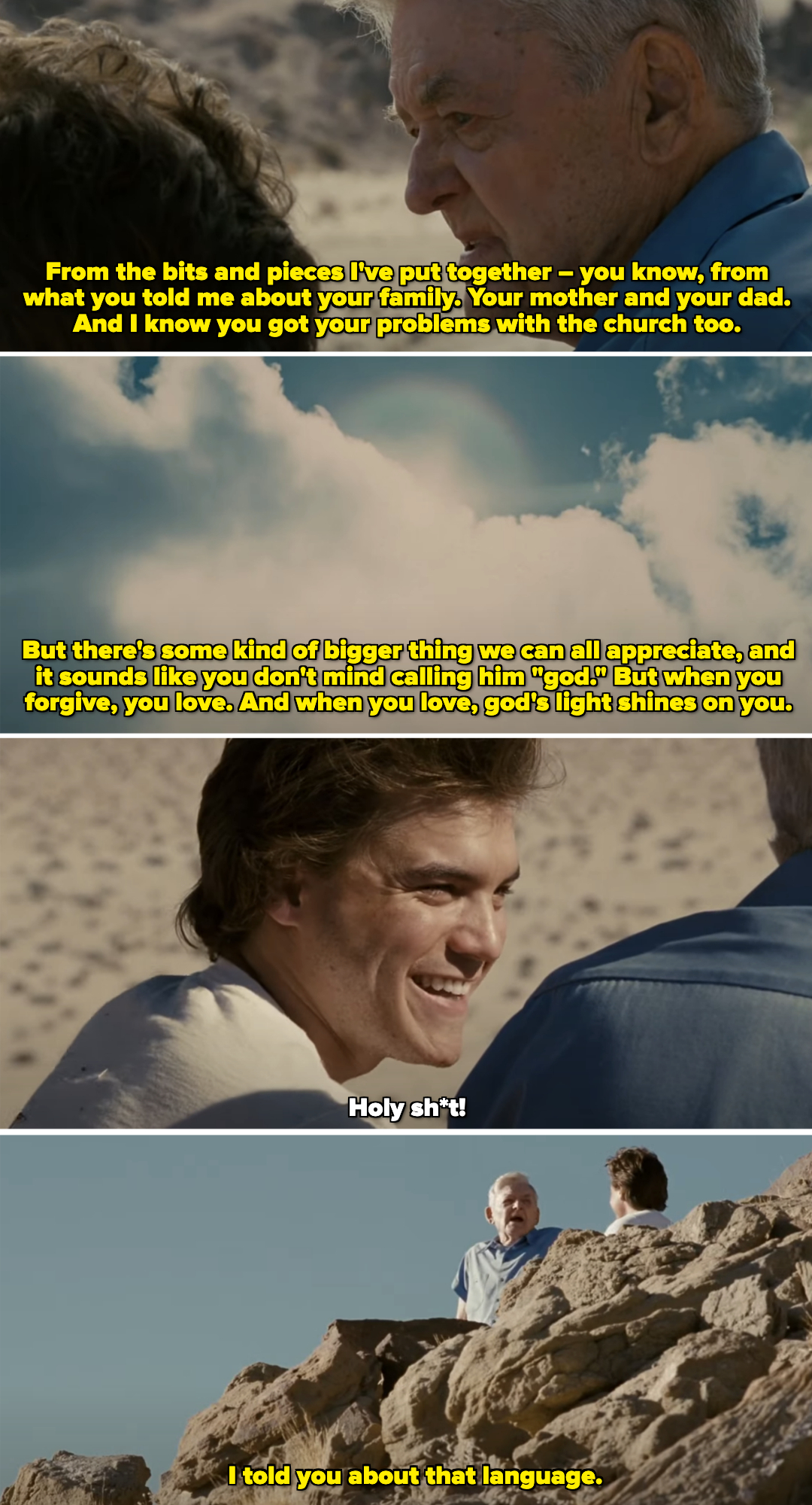 Close-up scenes from the movie with Hal Holbrook and Emile Hirsch's characters, outdoors, in a desert landscape, ending with them on a rocky hilltop