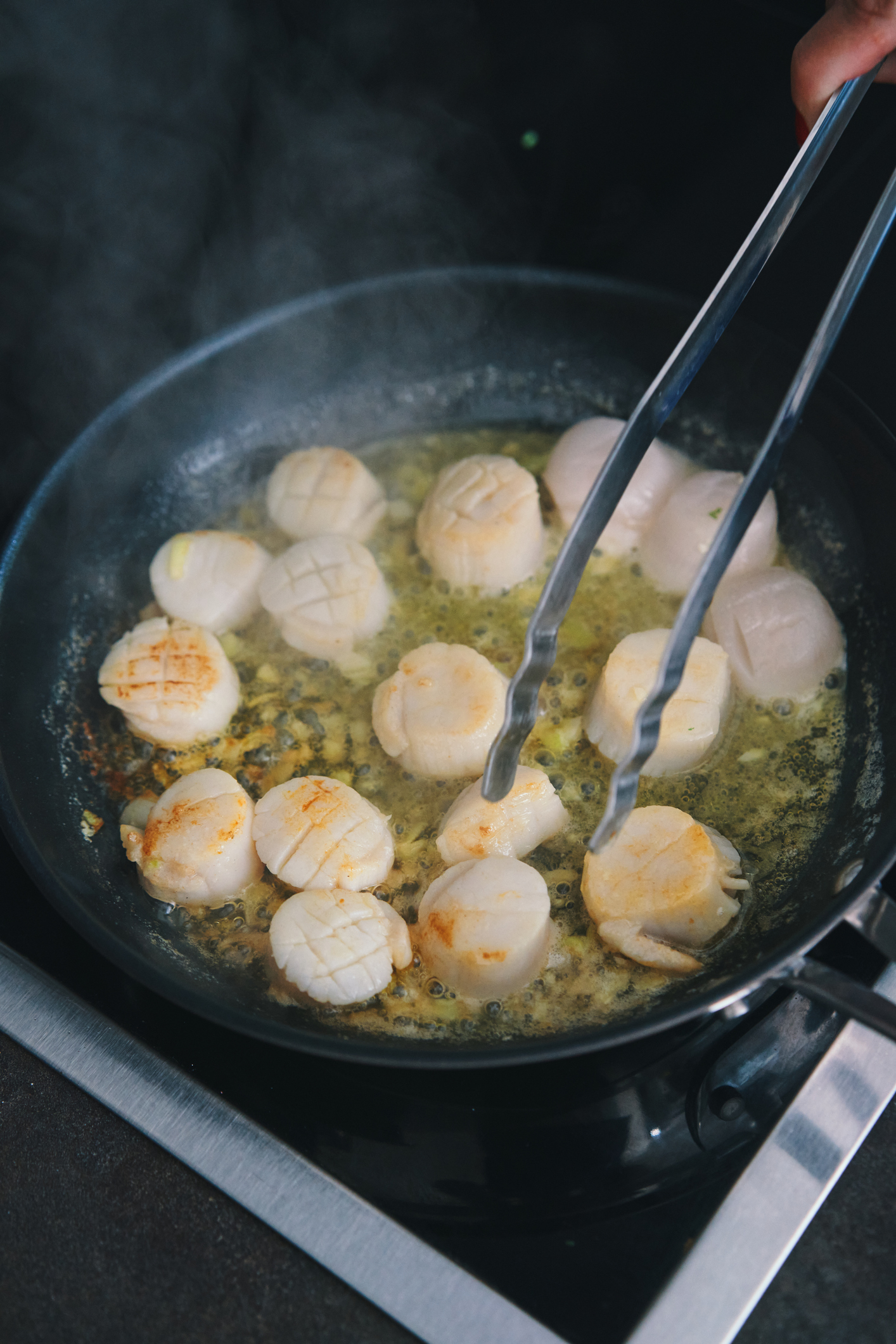 A person sears scallops in a skillet with kitchen tongs. The scallops are browning in butter or oil. Steam rises from the pan, showing they are being cooked