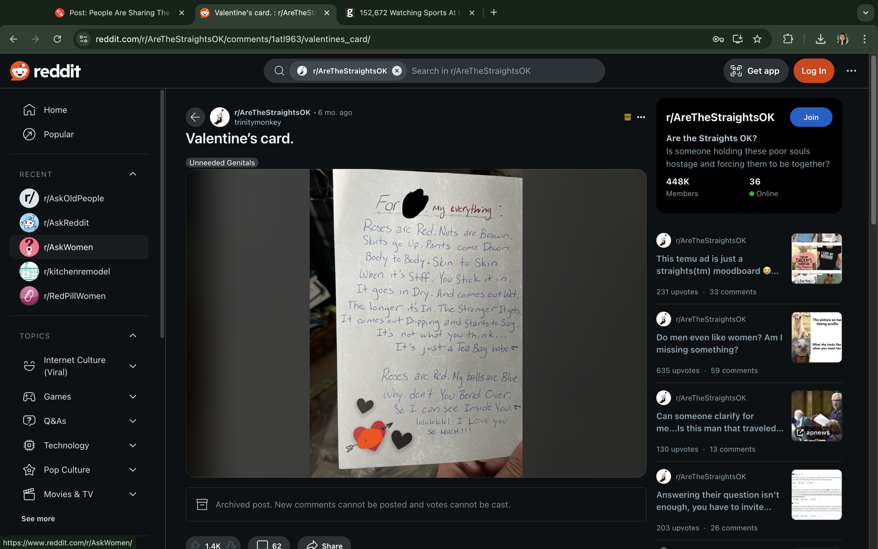 A Reddit post by u/AtTheStraightsOK showing a Valentine's card with written notes. The card contains a message and decorations