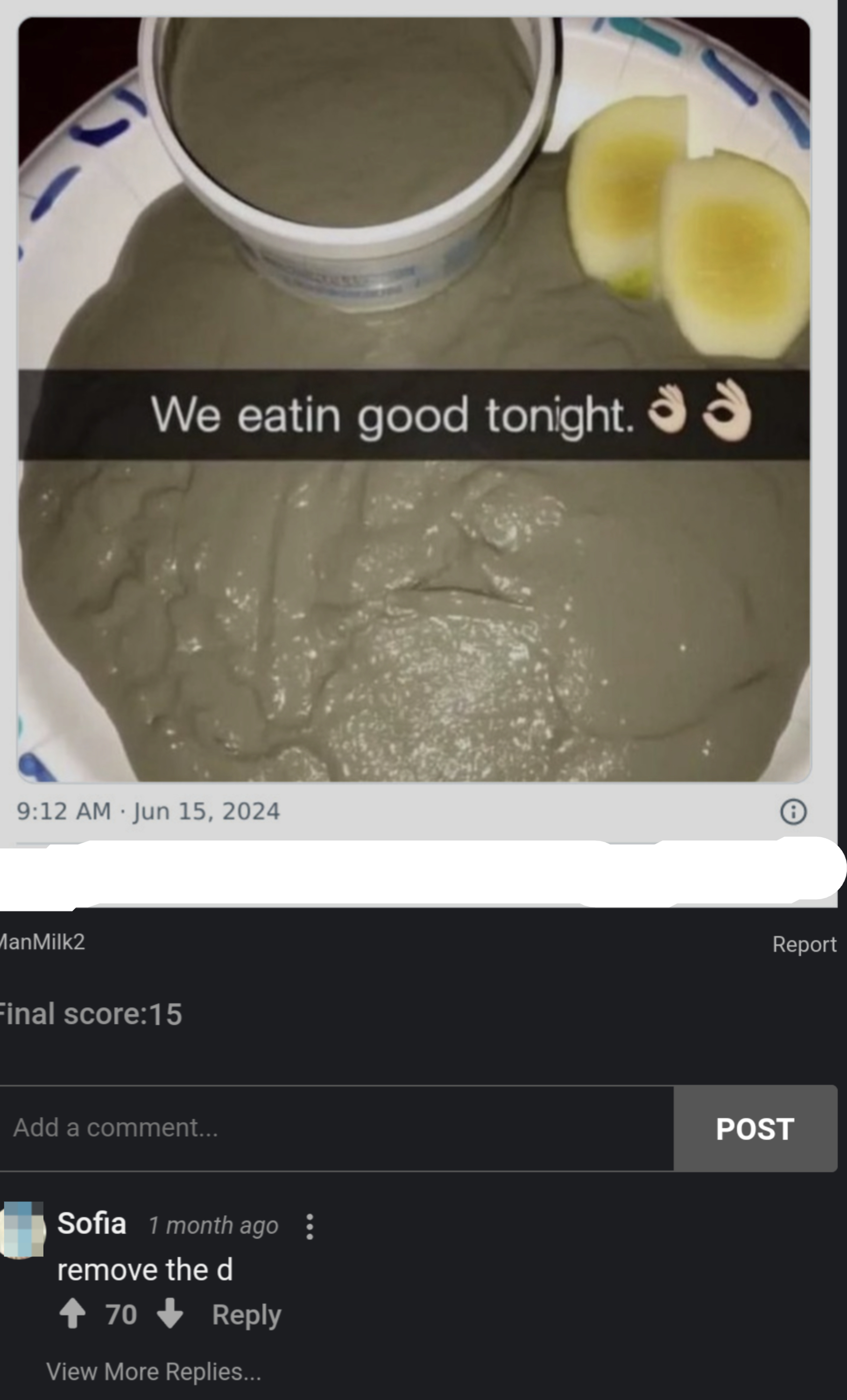 A plate with unappetizing, gray-colored food with text overlay "We eatin good tonight" and a Facebook post by Sofia suggesting to remove the 'd'