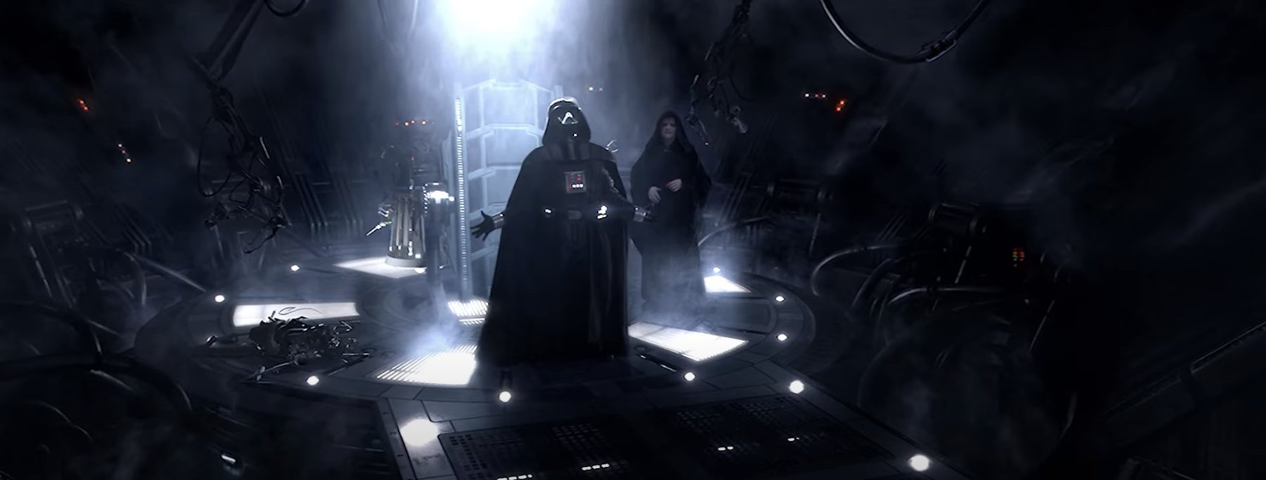 Darth Vader and Emperor Palpatine in a dimly lit, futuristic room filled with machinery, from a scene in Star Wars