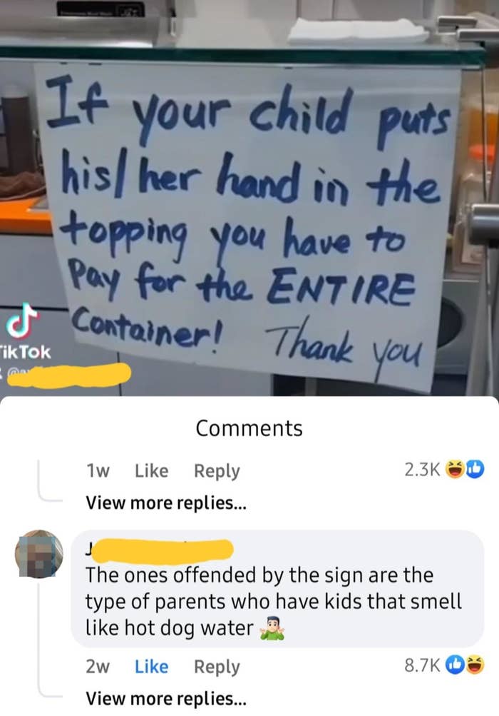 A sign states, "If your child puts his/her hand in the topping you have to pay for the ENTIRE container. Thank you." Comment about parents and kids follows