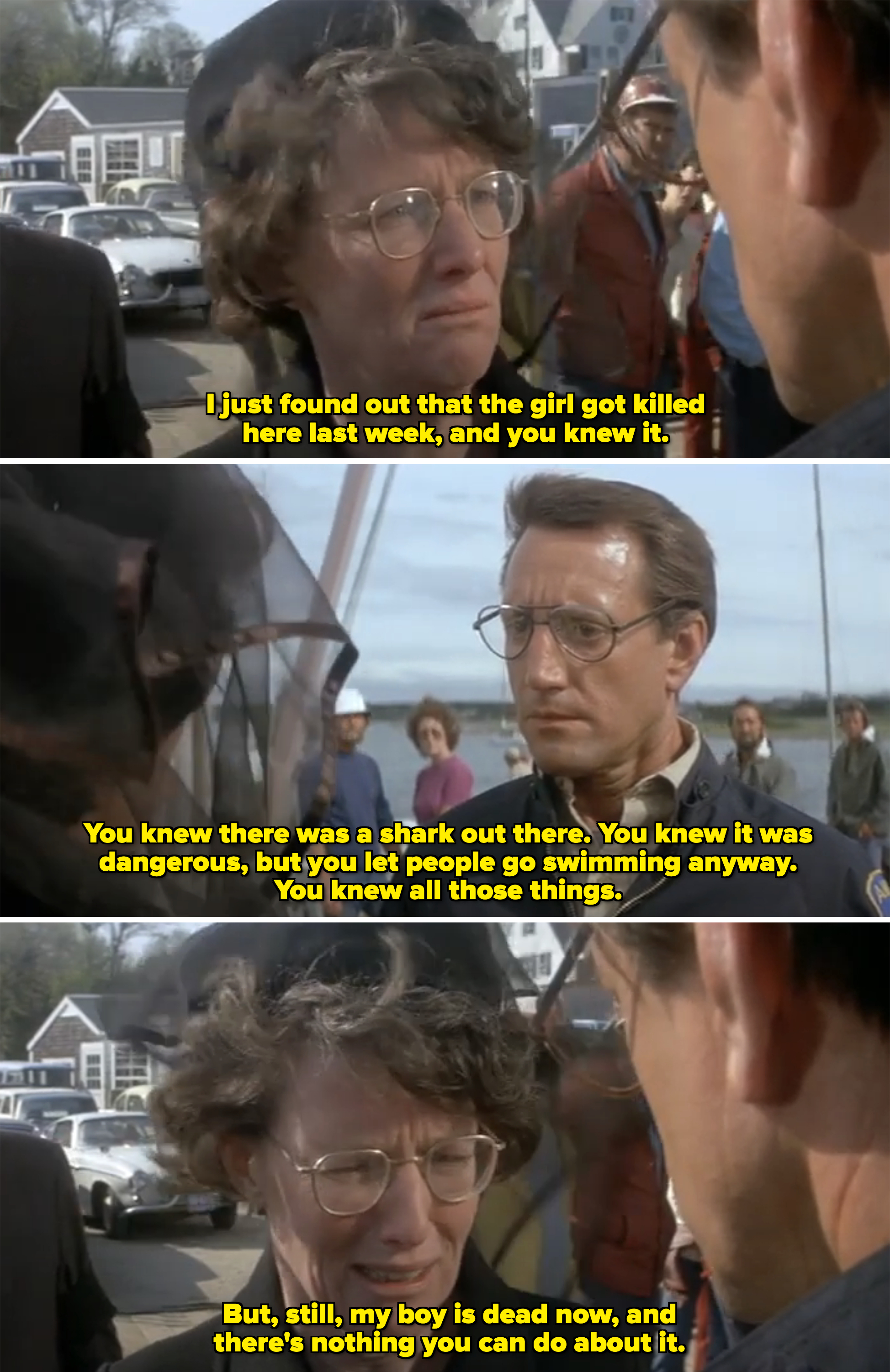 Lee as the grieving mother, in all black, talking to Chief Brody outside by the water