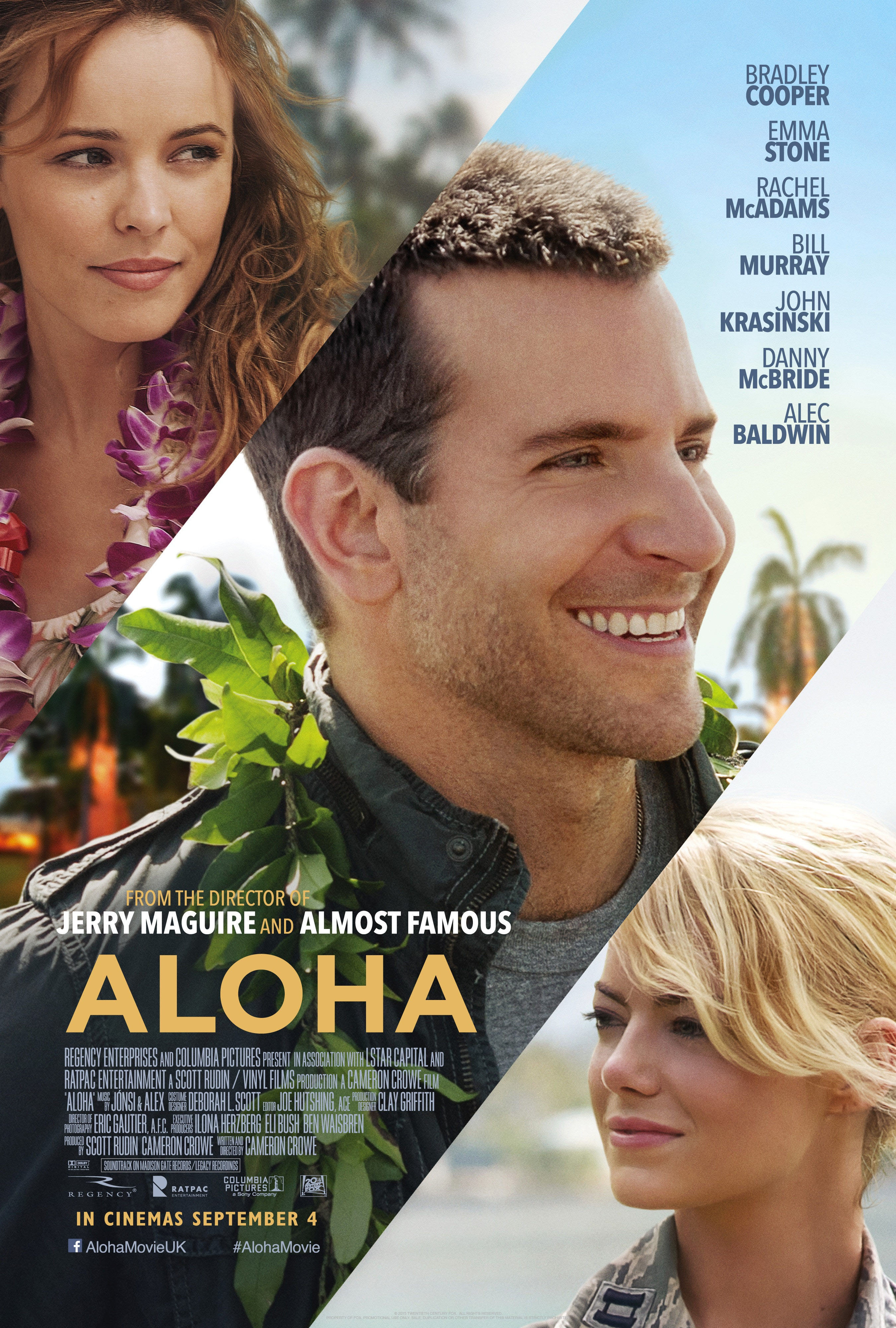Aloha movie poster with Bradley Cooper, Rachel McAdams, Emma Stone, and others. Bradley Cooper is in the center, smiling. Released in cinemas September 4