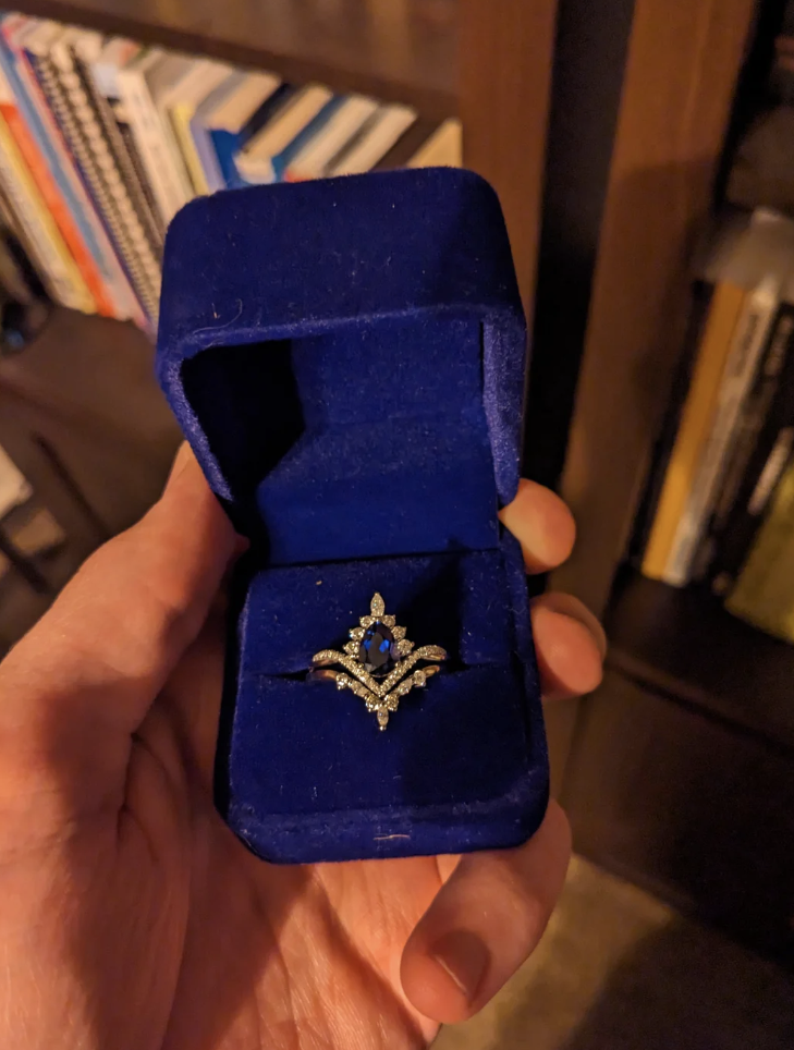 A hand holding a blue ring box with an ornate engagement ring. Reddit post by user just1kmfdm