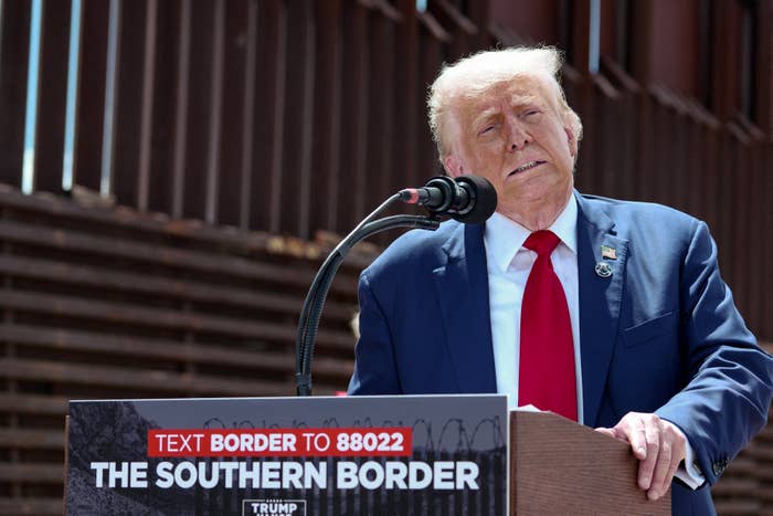 Donald Trump speaks at a podium in front of a border wall, addressing issues about the southern border. A sign on the podium reads &quot;Text BORDER to 88022 The Southern Border&quot;