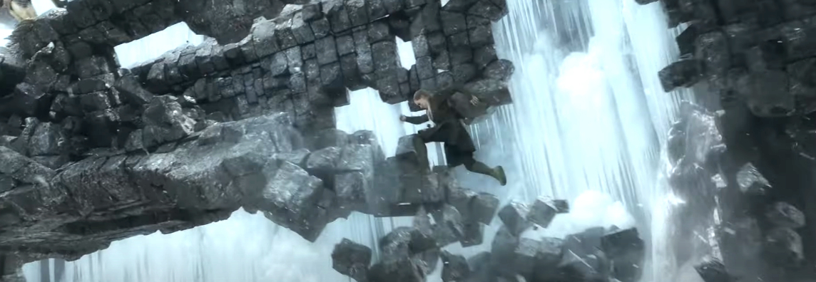 A character climbs through crumbling rocks above a waterfall in an intense action scene