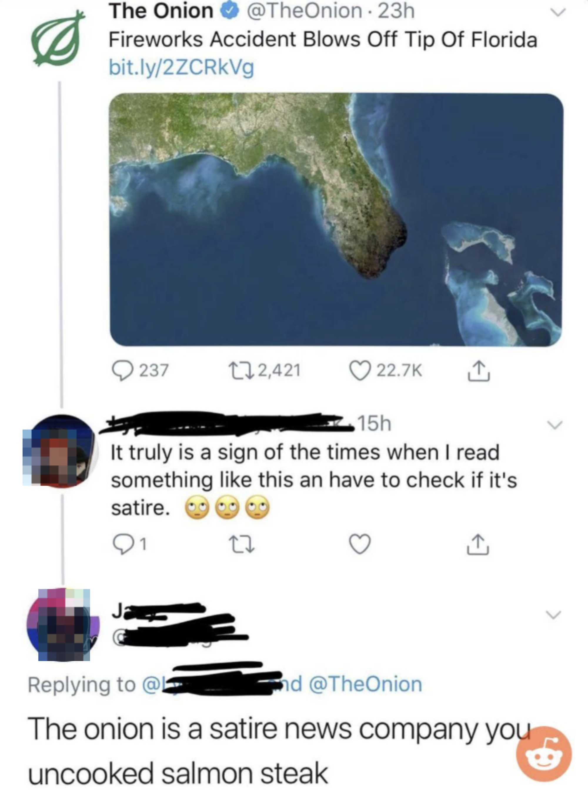 An Onion article headline reads "Fireworks Accident Blows Off Tip Of Florida." Comments joke about mistaking the satire for real news