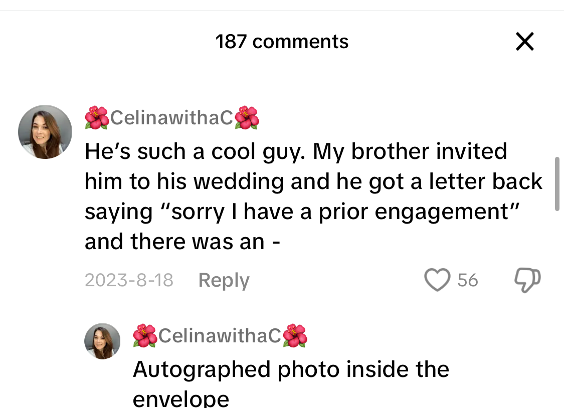 Adam Sandler stands behind a car. Comments discuss his kind gesture of sending an autographed photo and declining a wedding invite due to a prior engagement