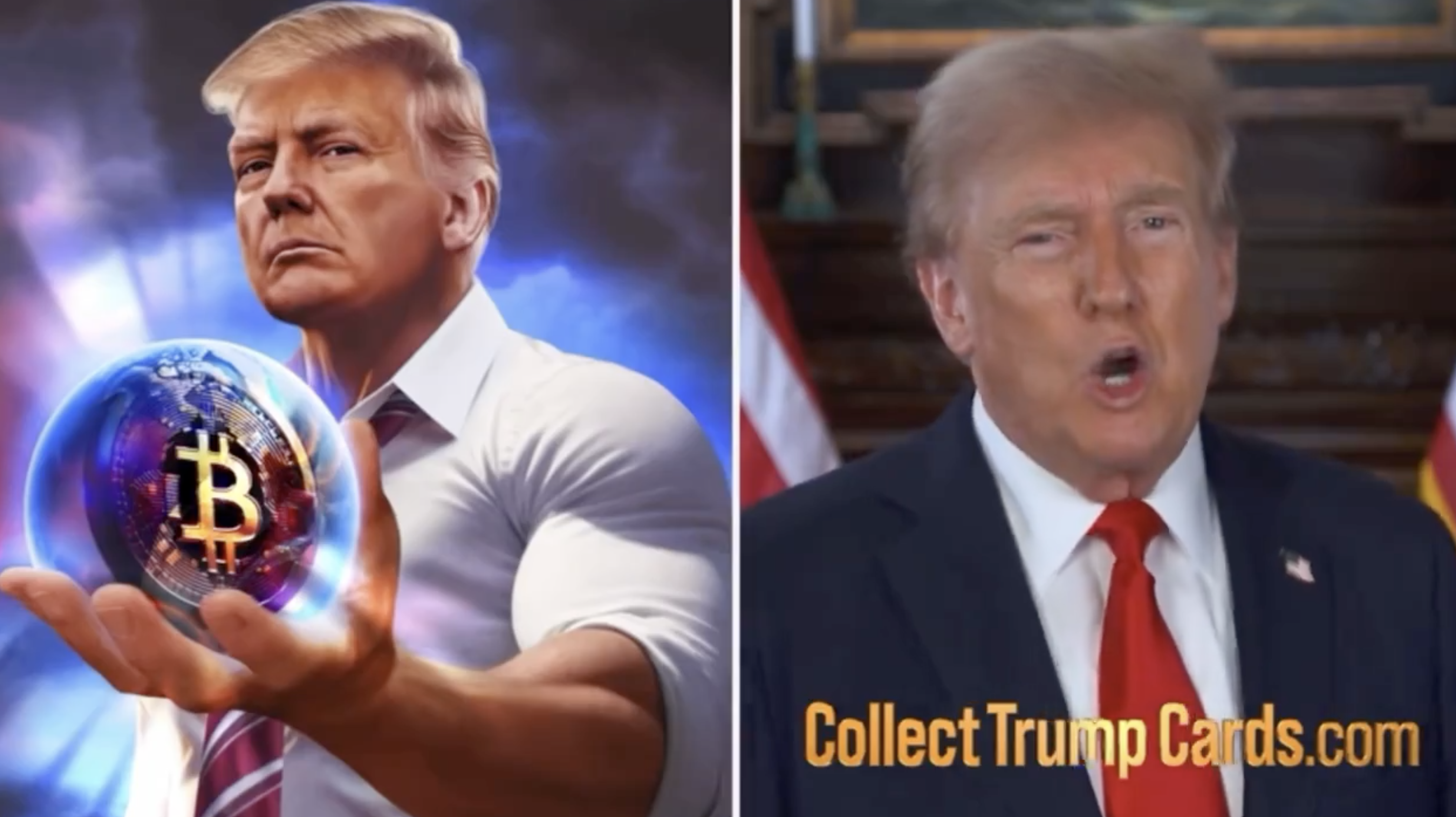 On the left, a digital artwork of Donald Trump holds a glass ball with a Bitcoin symbol. On the right, Donald Trump speaks with "CollectTrumpCards.com" text