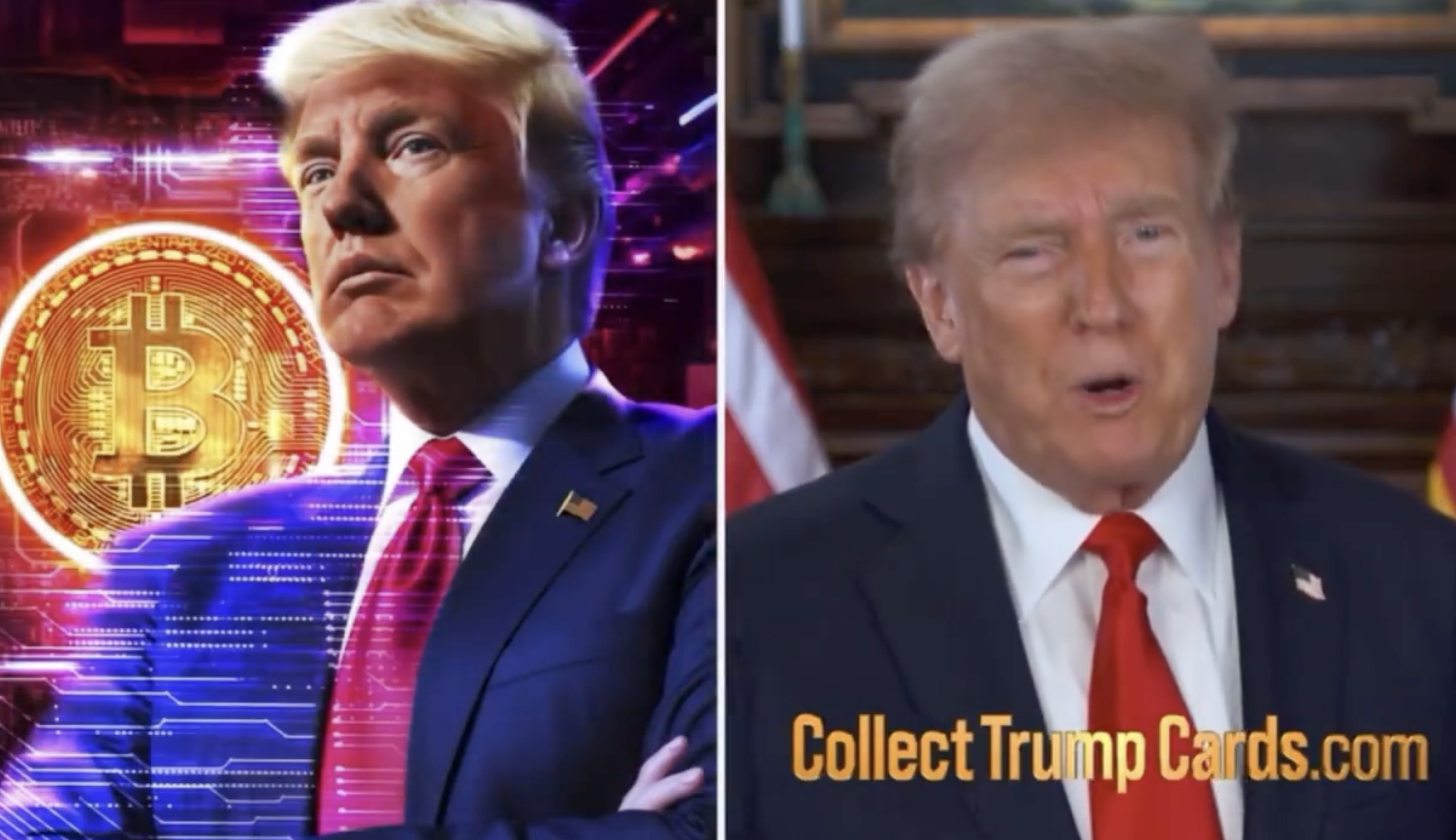 Donald Trump is shown in two images. On the left, portrayed with a Bitcoin symbol; on the right, speaking with the text "CollectTrumpCards.com"