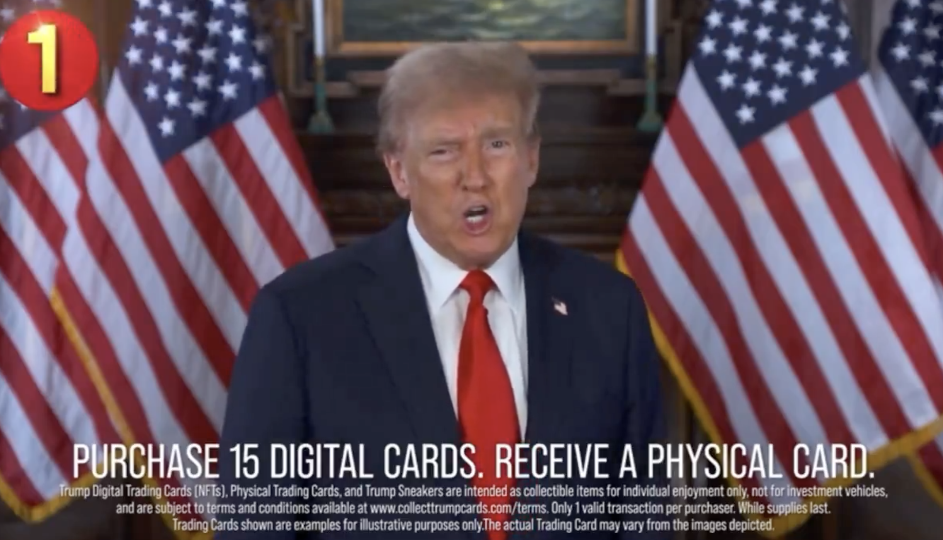 Donald Trump speaks in front of two American flags about purchasing digital and physical trading cards. Text overlay promotes the sale of 15 digital cards