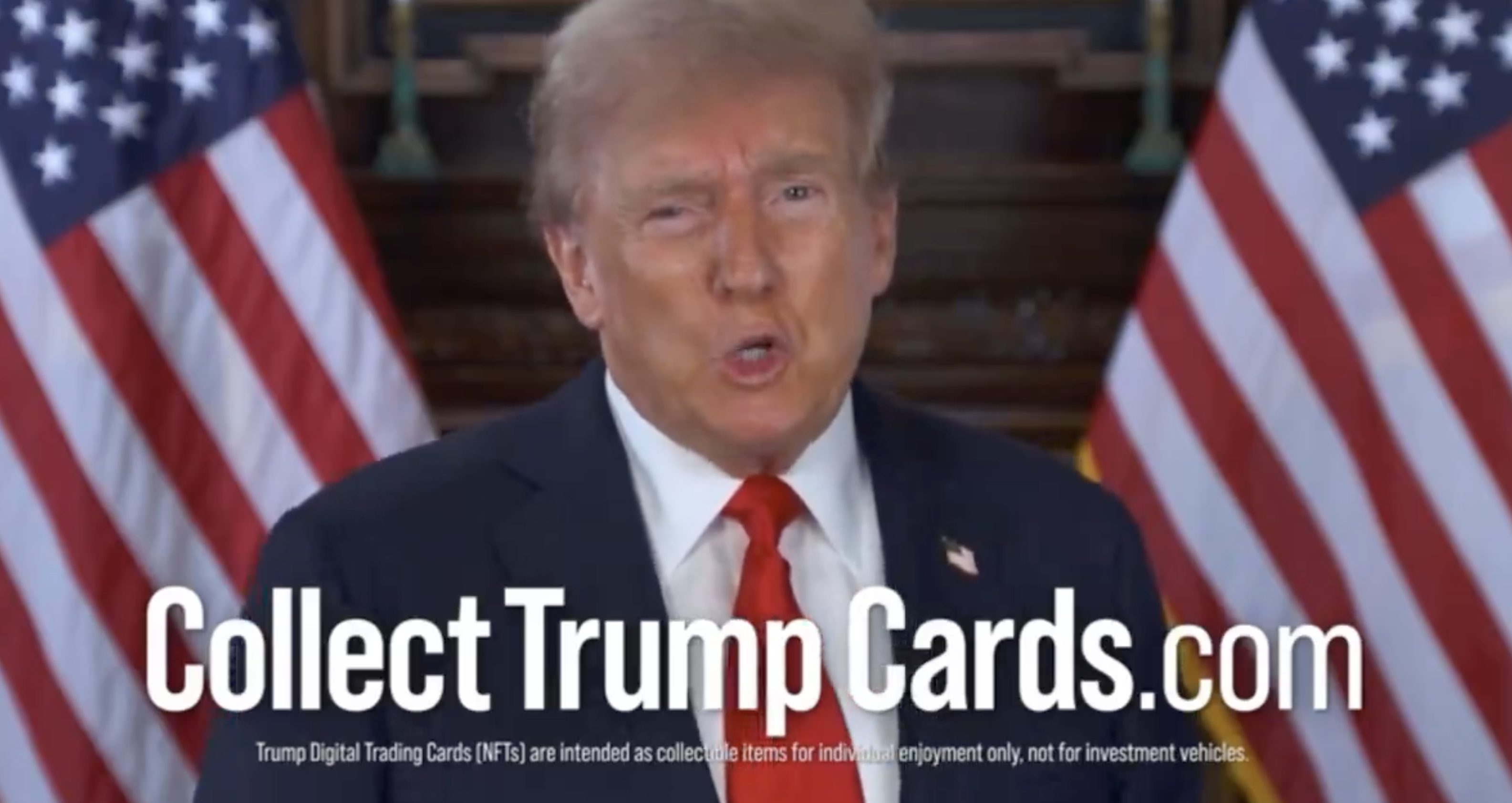 Donald Trump speaks in front of two American flags with the text "CollectTrumpCards.com" at the bottom, advertising digital trading cards (NFTs)