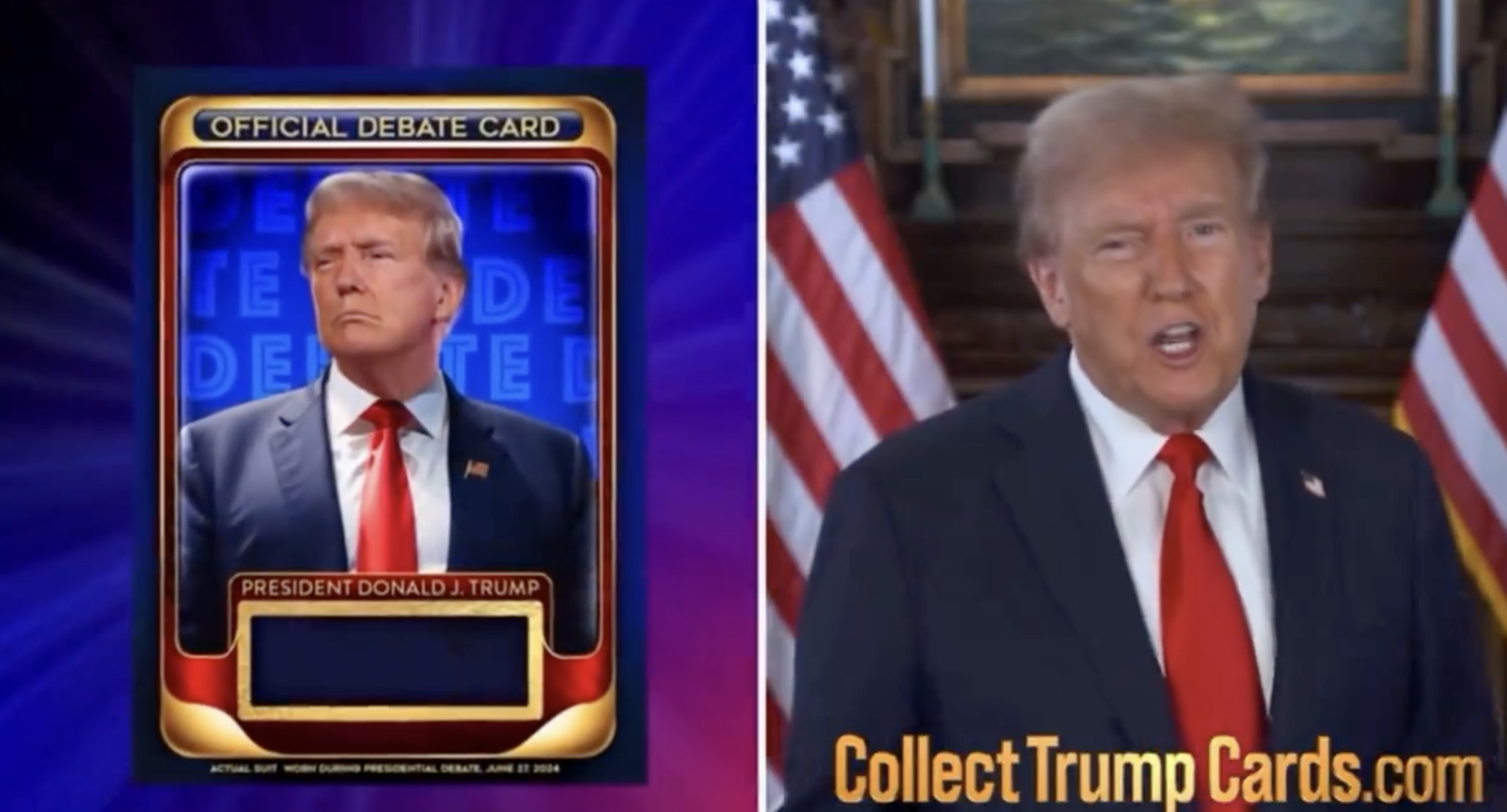 President Donald J. Trump card on the left; Donald Trump speaking in front of flags on the right; text: "Collect Trump Cards.com"