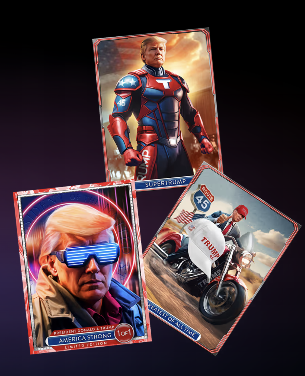 Three trading cards featuring Donald Trump: one as a superhero, one with futuristic glasses labeled "America Strong," and one riding a motorcycle labeled "Super Trump"